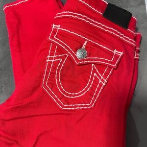 True Religion Red Skinny Jeans with White Stitching